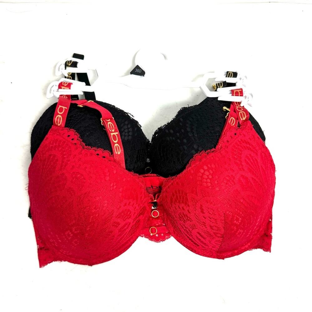 Bebe 2 Pack Red & Black Lace Gentle Lift Bras Size 36D